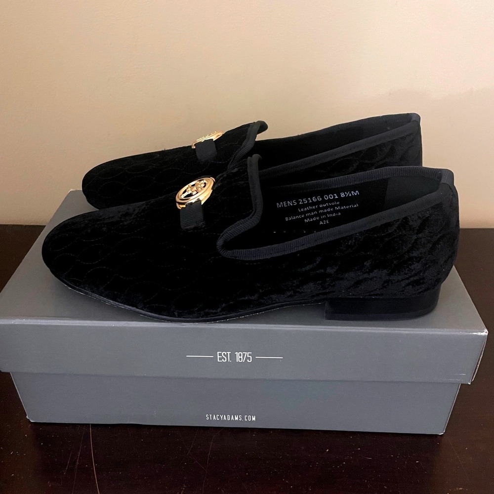 Stacy Adams Valet Mens Black Quilted Velvet Crest Loafers Dress Shoes 25166-001